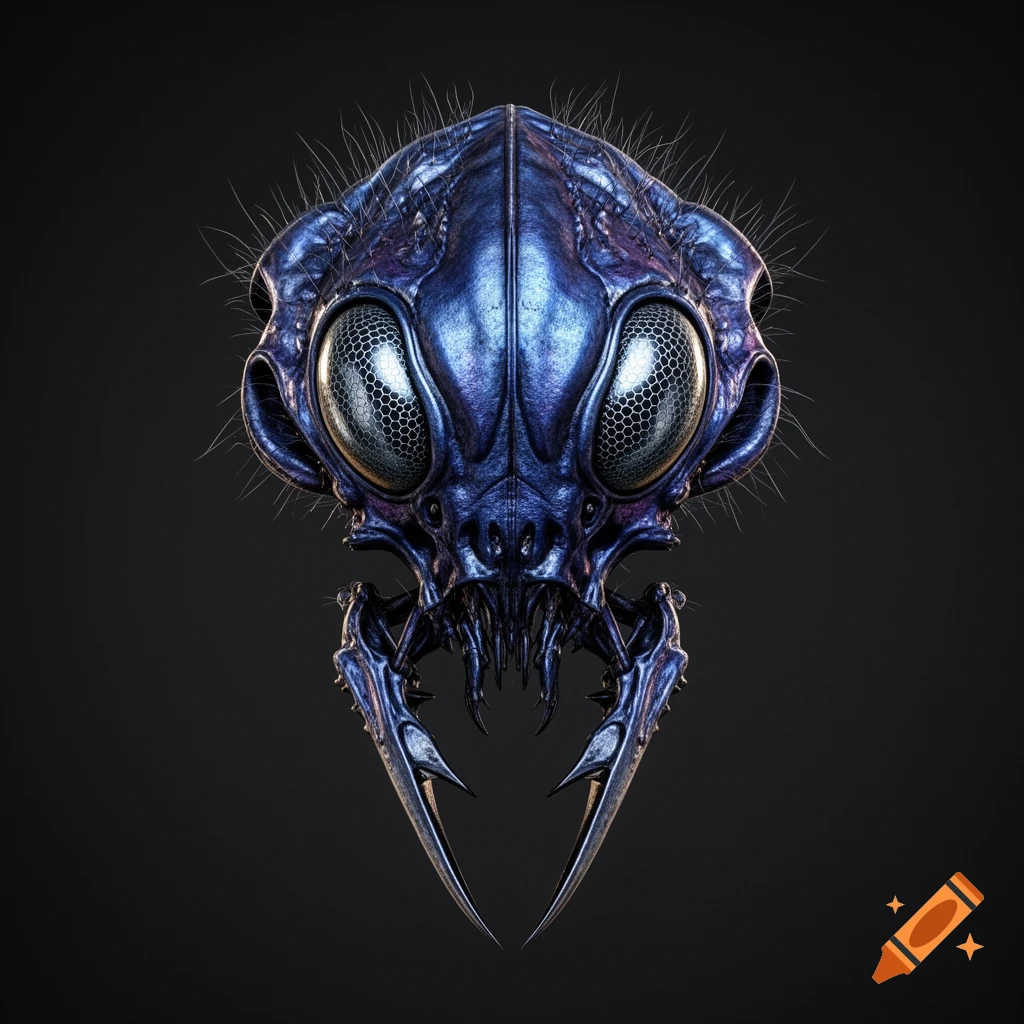 A detailed, dark blue metallic alien insect skull with large compound eyes and sharp mandibles against a black background.
