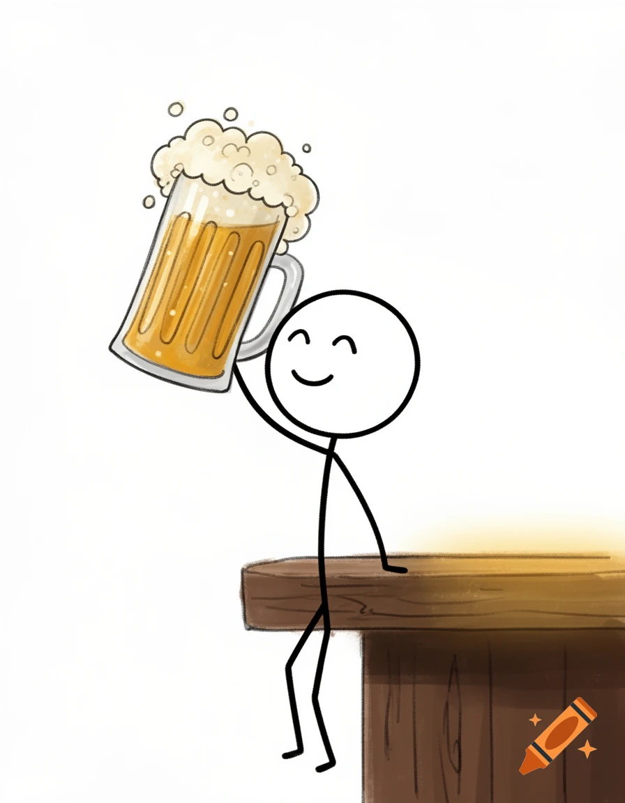 A simple stickman drawing holding a large mug of frothy beer and smiling while standing on a wooden bar.
