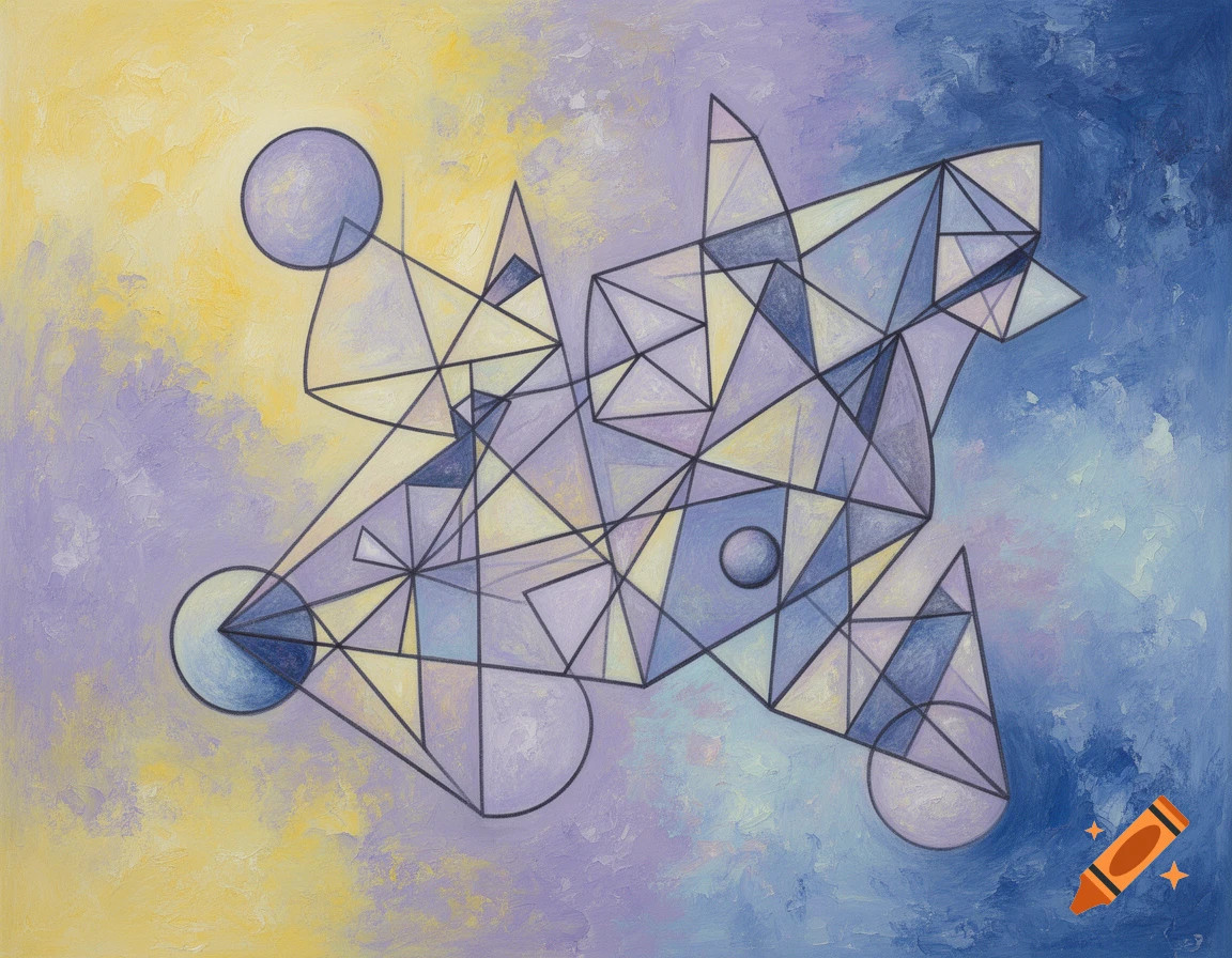 Abstract geometric painting with interlocking shapes and lines on a textured yellow, violet, and blue background, in the style of Paul Klee.
