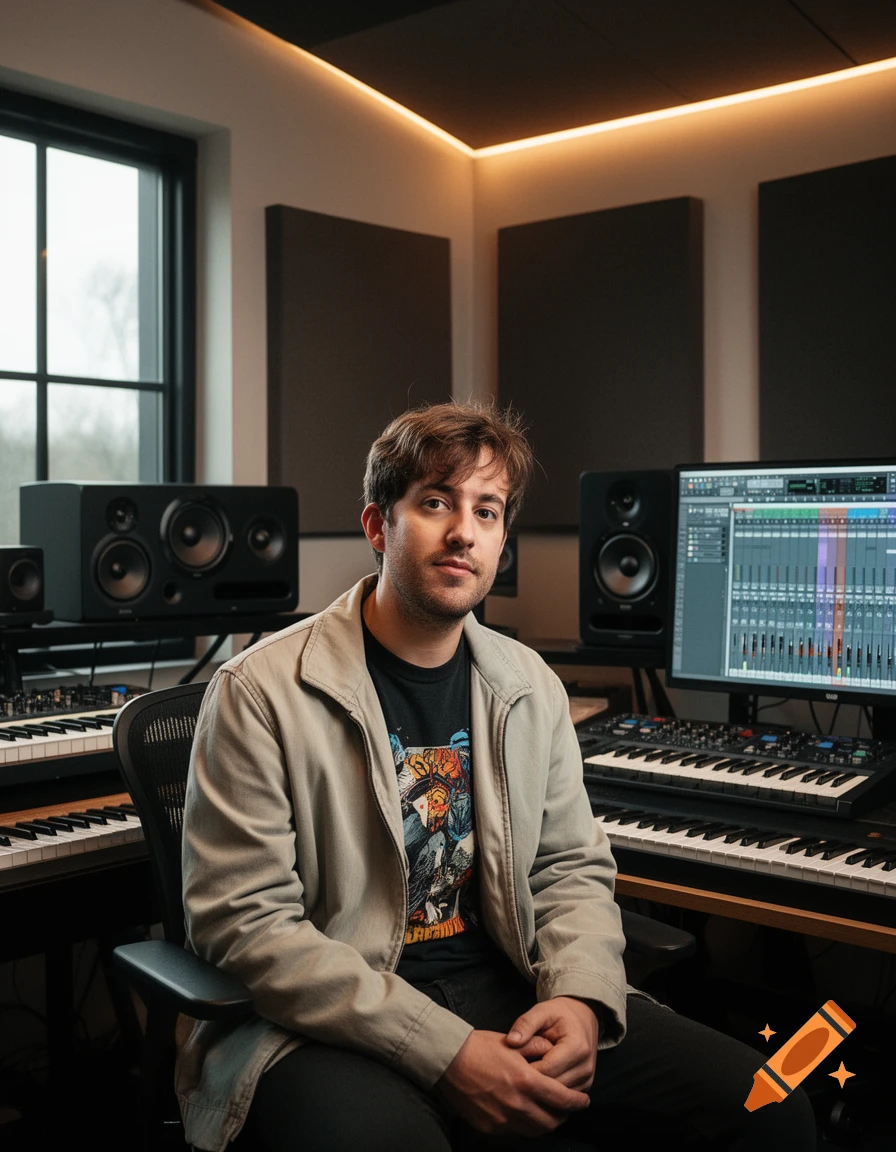 A man sits in a recording studio with synthesizers, speakers, and a computer monitor showing music production software.
