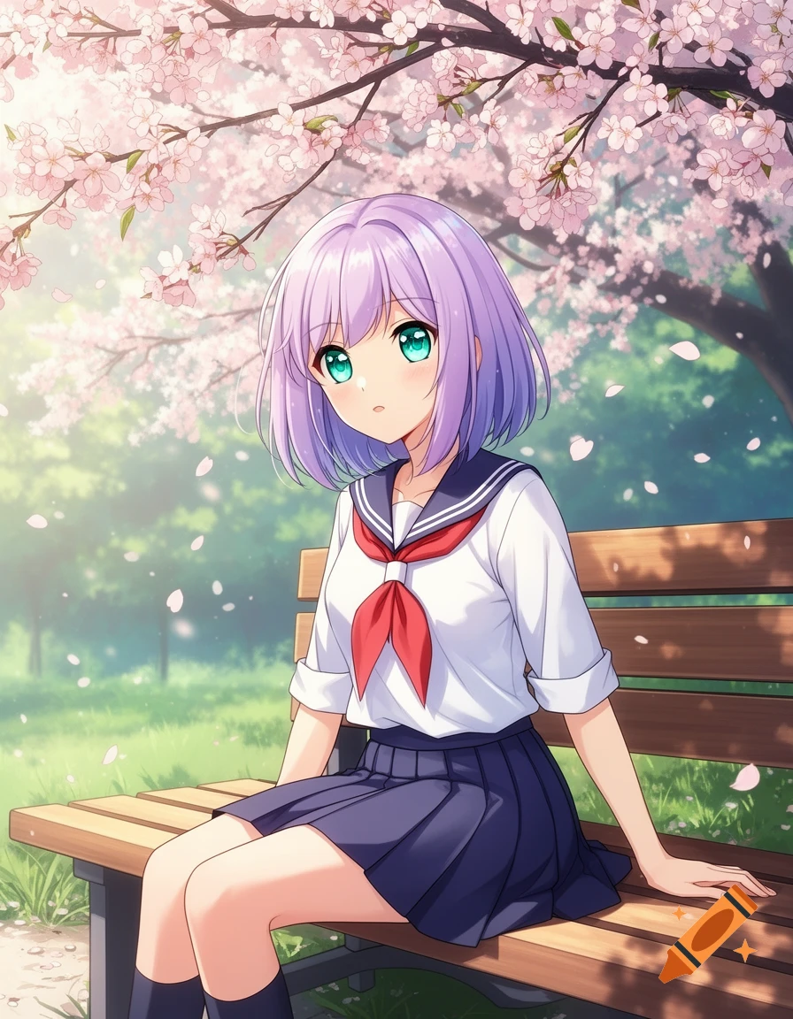 Anime school girl with purple hair and green eyes sitting on a park bench under cherry blossoms.