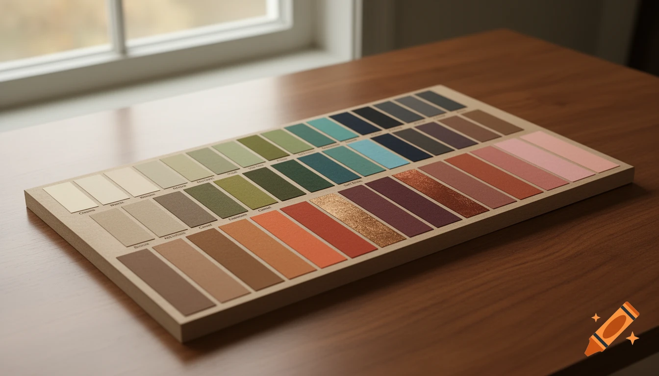 A beige color palette board displaying rows of swatches in various shades of green, blue, brown, red, and pink, on a wooden table near a window.