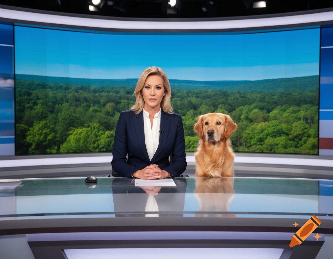 A female news anchor and a golden retriever sit at a modern studio desk with a green forest background on a large screen.
