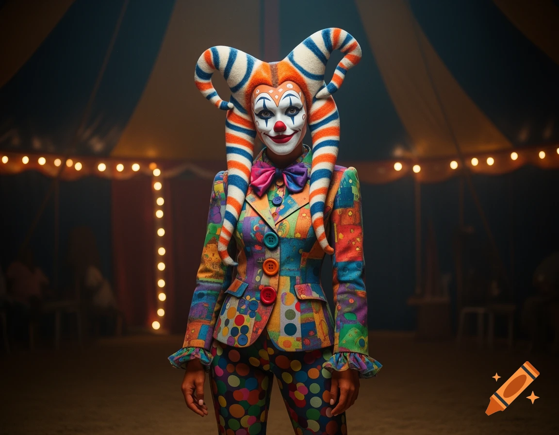 A vibrant clown with elaborate makeup and a colorful jester hat stands in a dimly lit circus tent.