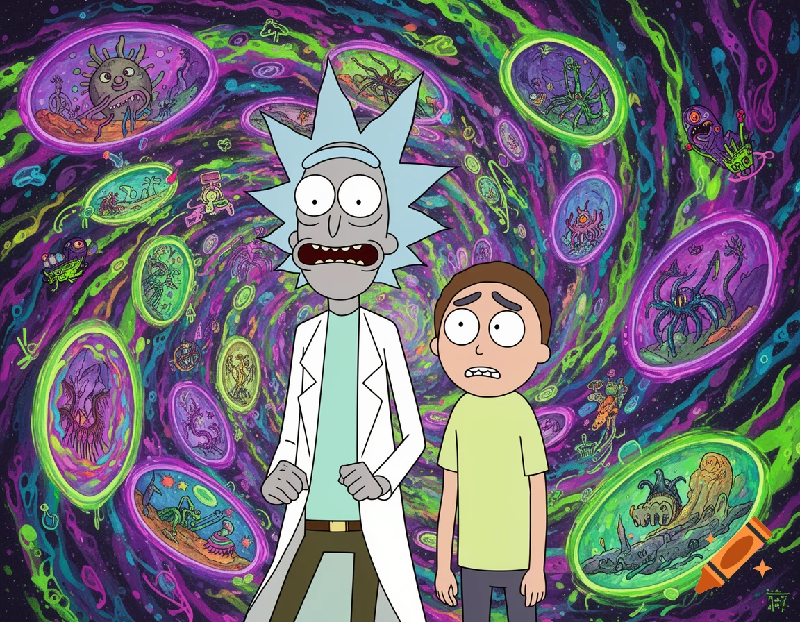Rick and Morty stand against a vibrant, swirling cosmic background filled with alien creatures in colorful portals.