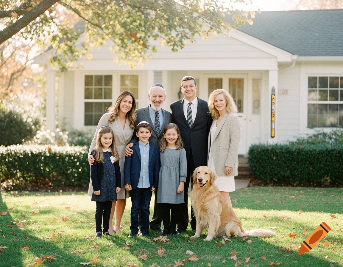 A smiling Jewish family with a golden retriever poses on a sunny front lawn in front of a white house.