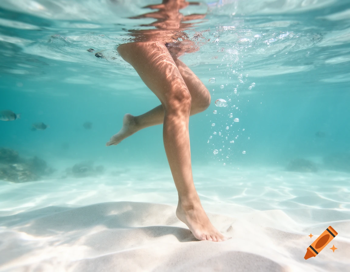 A person's legs underwater, with feet touching a sandy ocean floor as light filters through the surface and small fish swim nearby.
