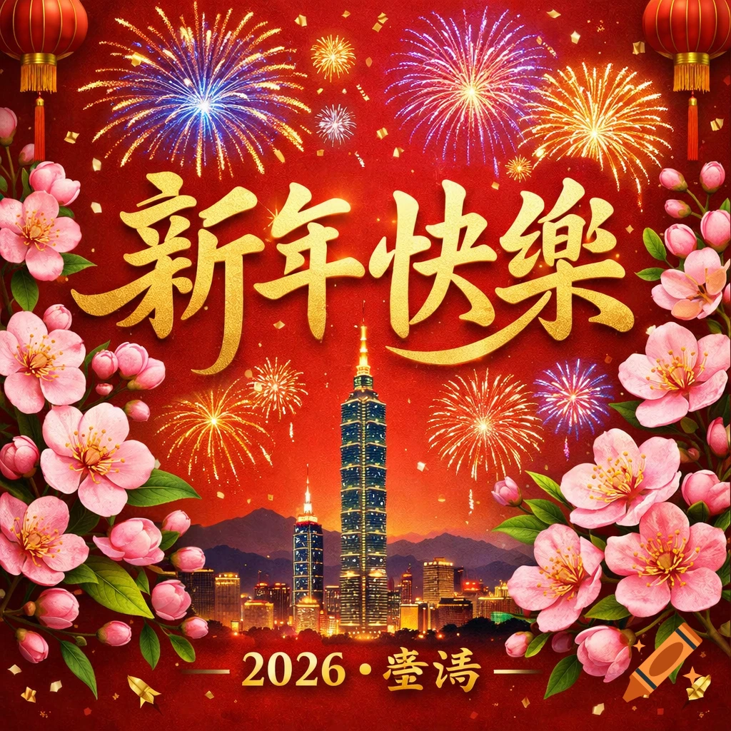 Vibrant New Year card with gold traditional Chinese text 'Happy New Year 2026 Taiwan,' fireworks over Taipei 101, and pink cherry blossoms on a red background.