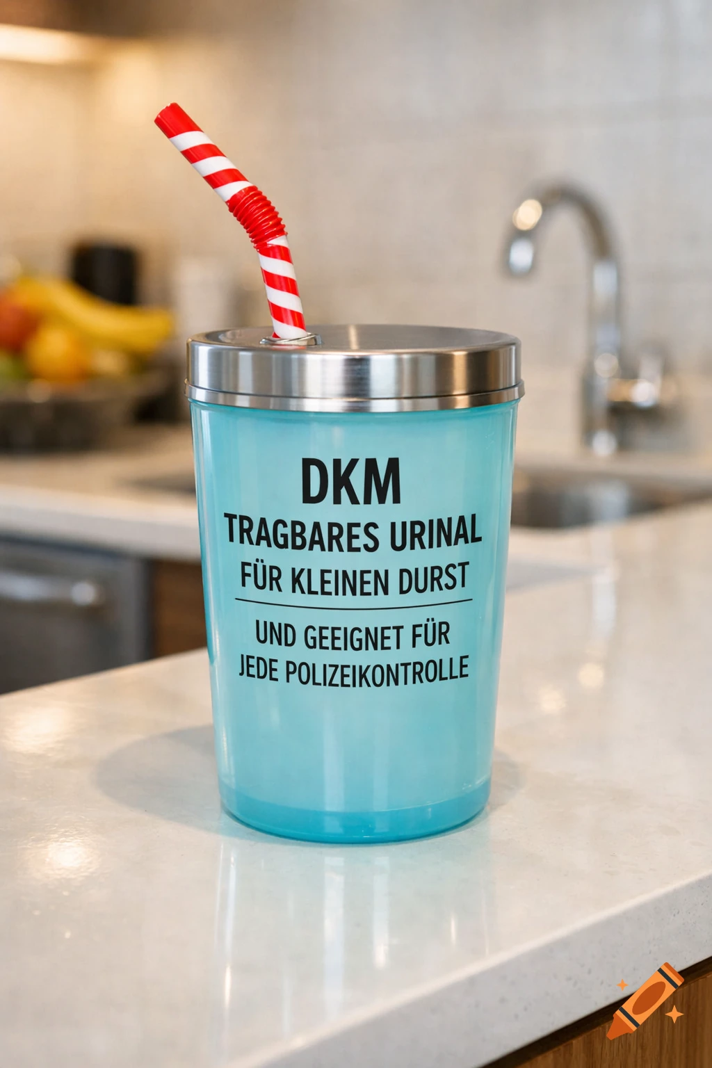 A light blue tumbler with a red and white striped straw sits on a kitchen counter. The cup has German text about a portable urinal.