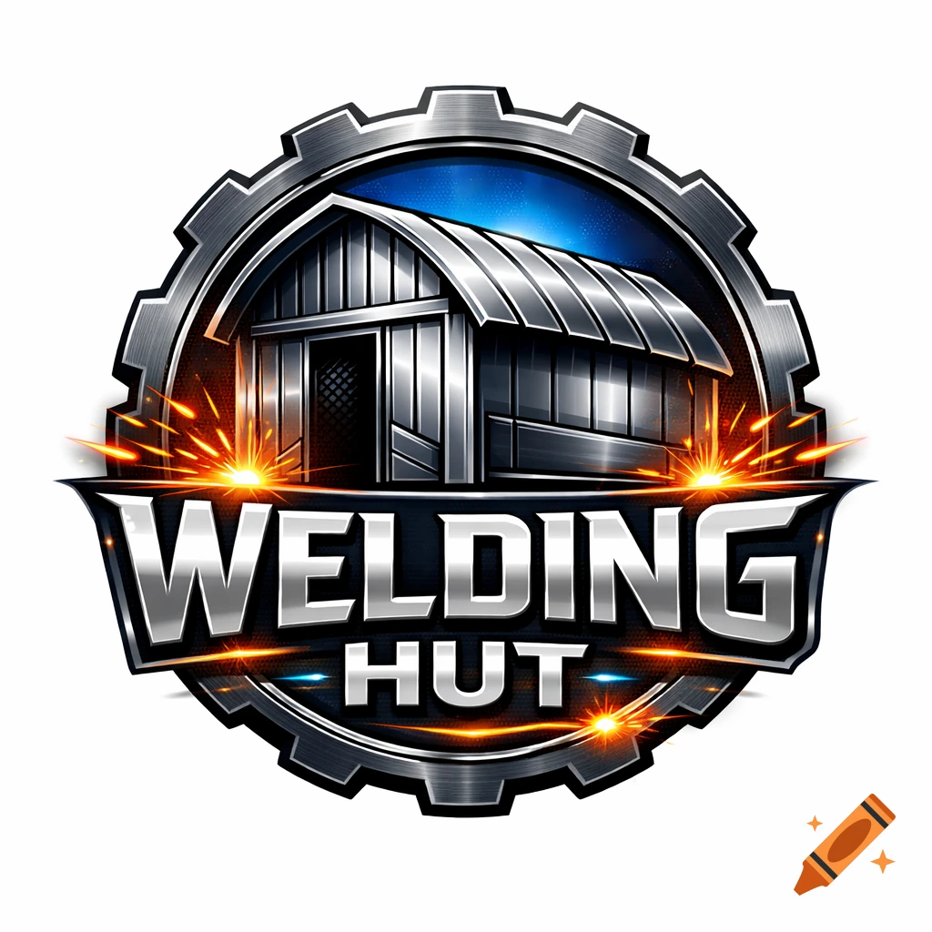 A metallic logo featuring a stylized silver hut inside a gear, with bright orange welding sparks and "WELDING HUT" text.