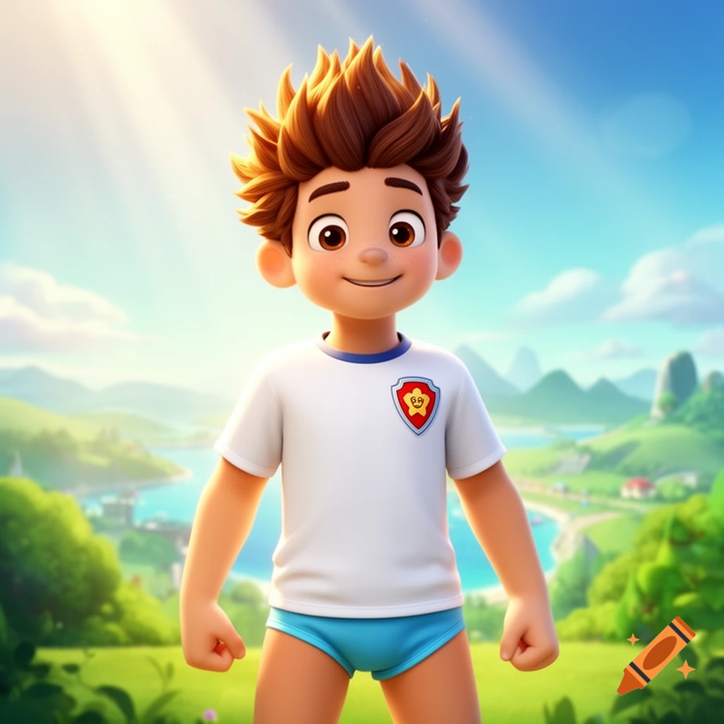 Cartoon boy with spiky brown hair, white t-shirt, light blue underwear, in a vibrant green landscape under sunny sky.