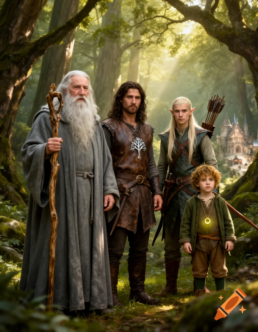 Gandalf, a warrior, an elf, and a hobbit stand on a sun-dappled forest path with a castle in the background, in a photorealistic style.