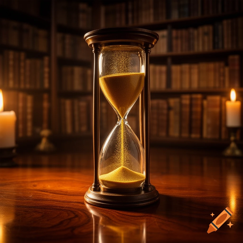 Golden sand flows in an hourglass on a wooden table, illuminated by candles in a dimly lit library.