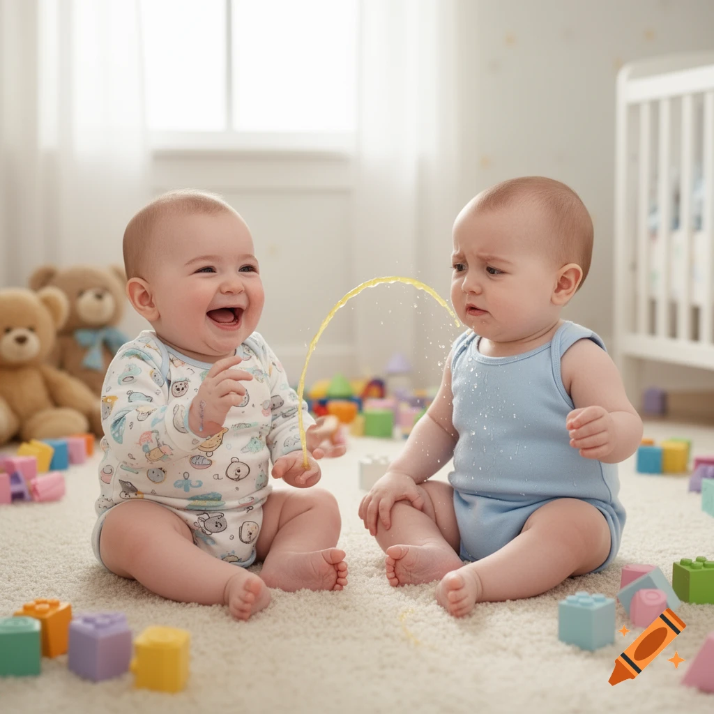 Two babies on a rug with toys, one laughing while peeing on the other baby who looks disgusted, photorealistic.