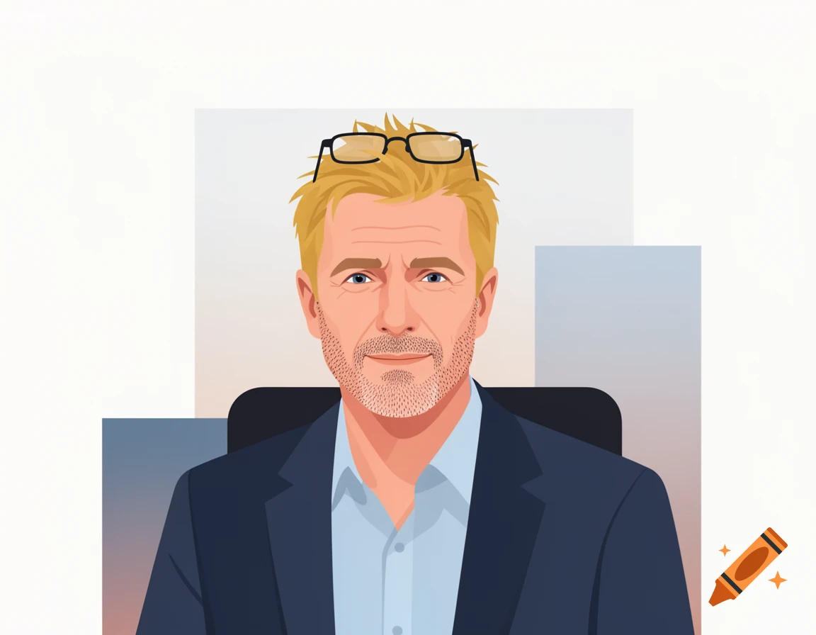 Vector illustration of a professional man with short blonde hair, 5 o'clock shadow, and glasses perched on his head.