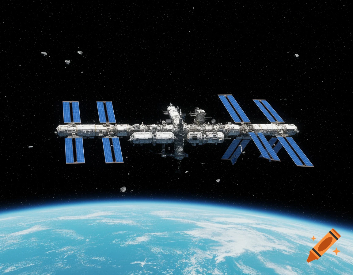 A photorealistic space station with large blue solar panels orbits Earth, surrounded by asteroids and stars in deep space.