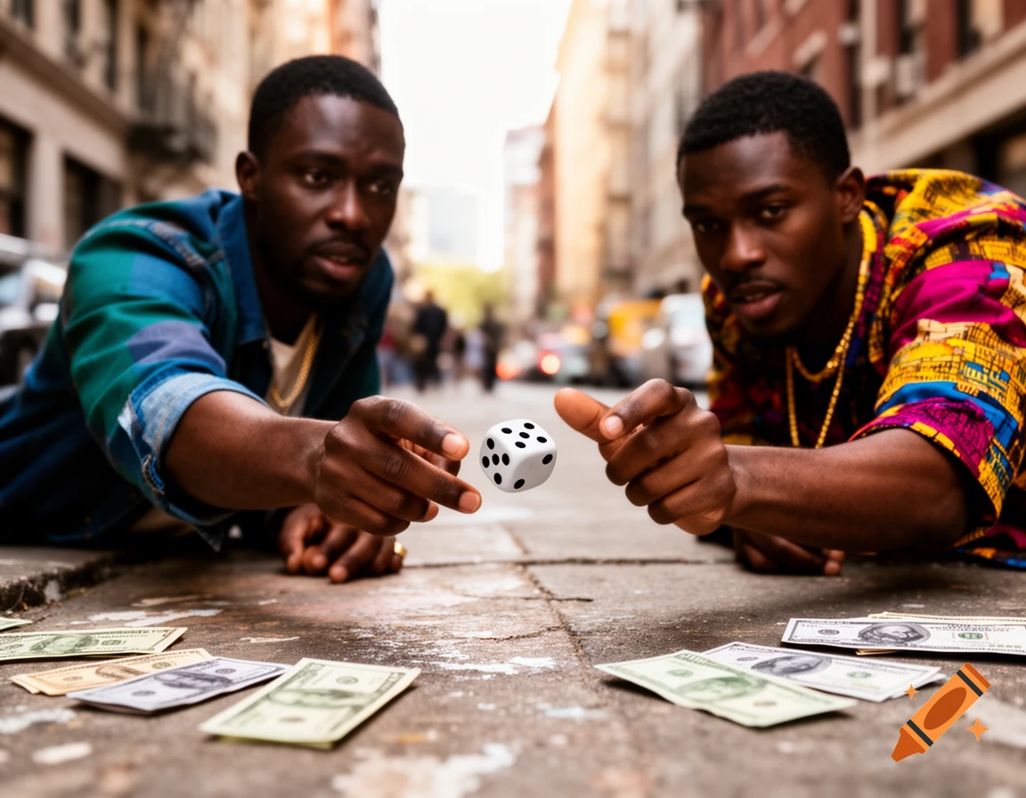 Two Black men on a city street lean forward, hands outstretched towards a floating dice, with money scattered on the ground. Photorealistic.