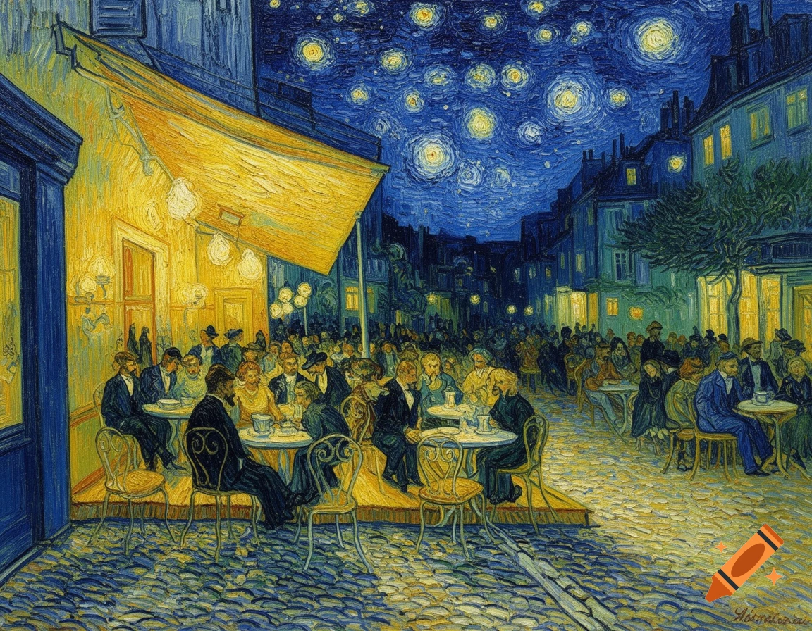 A vibrant oil painting in Van Gogh's style depicts a busy European cafe terrace at night under a swirling starry sky.