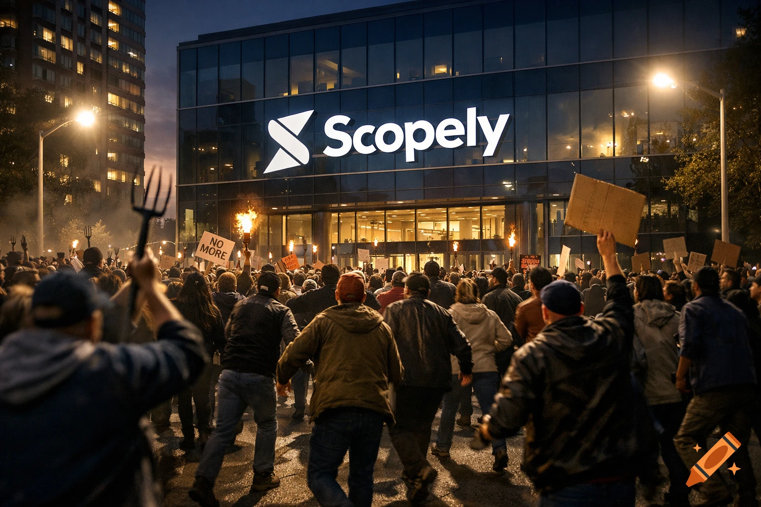 An angry mob with pitchforks and torches marches towards a modern building with "Scopely" lit on its facade at night.