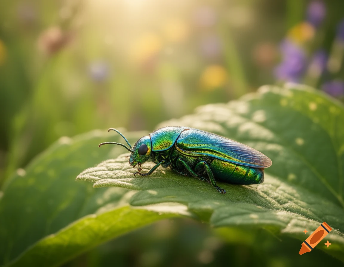 Close-up photorealistic image of a vibrant green and blue jewel beetle resting on a textured green leaf in soft sunlight.