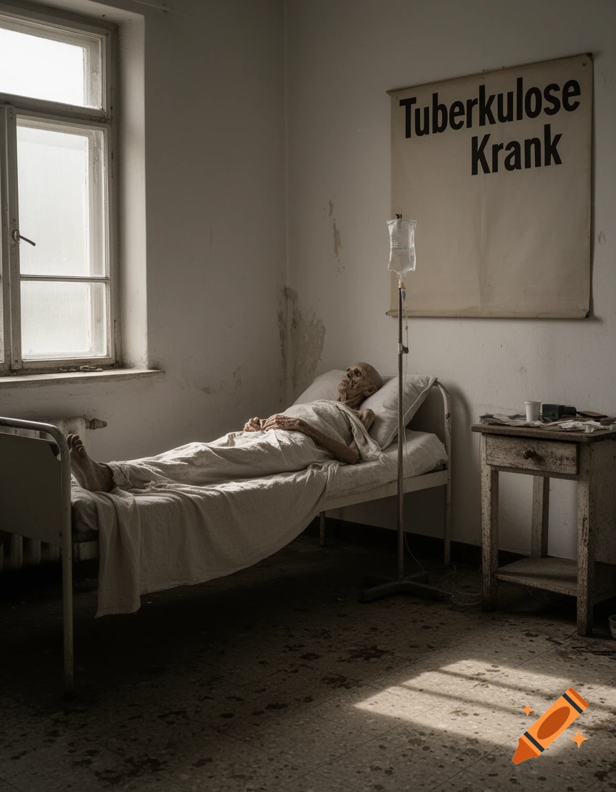 An emaciated person lies in a grim, dilapidated hospital bed with an IV drip, under a sign reading 'Tuberkulose Krank' in a photorealistic style.