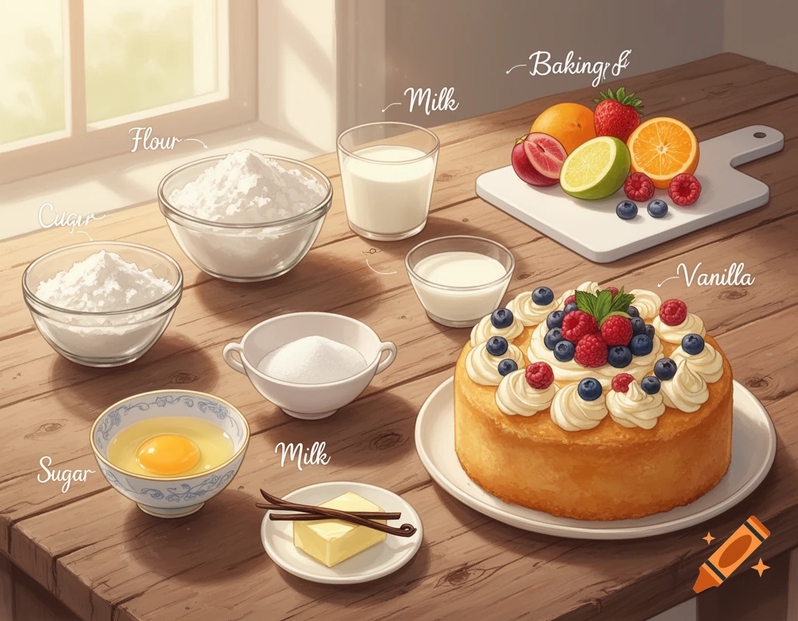 An illustration of cake baking ingredients like flour, sugar, milk, eggs, butter, fruit, and vanilla, arranged on a wooden table with a decorated cake.