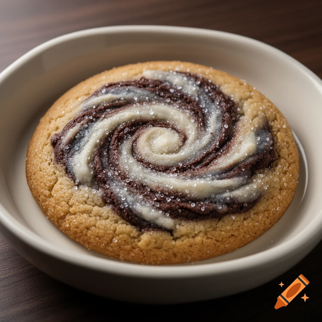 A close-up of a round cookie with a swirl of white and chocolate frosting, sprinkled with sugar, in a light bowl.
