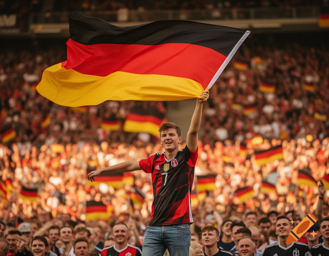 A smiling young man in a football jersey holds a large German flag high in a cheering stadium crowd, with many others holding flags.