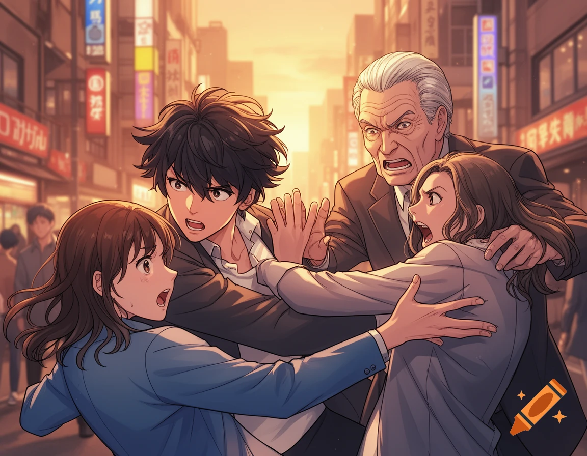 An anime-style illustration of an older man intervening in a confrontation between a young man and two women on a bustling city street.