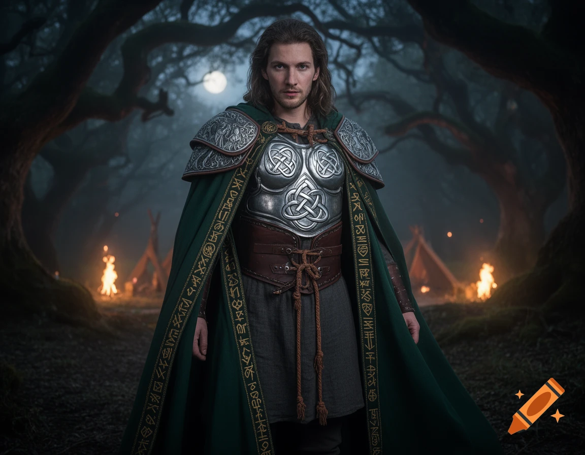 A man in ornate fantasy armor and a green cape adorned with runes stands in a misty, moonlit forest with campfires in the background, in a photorealistic style.