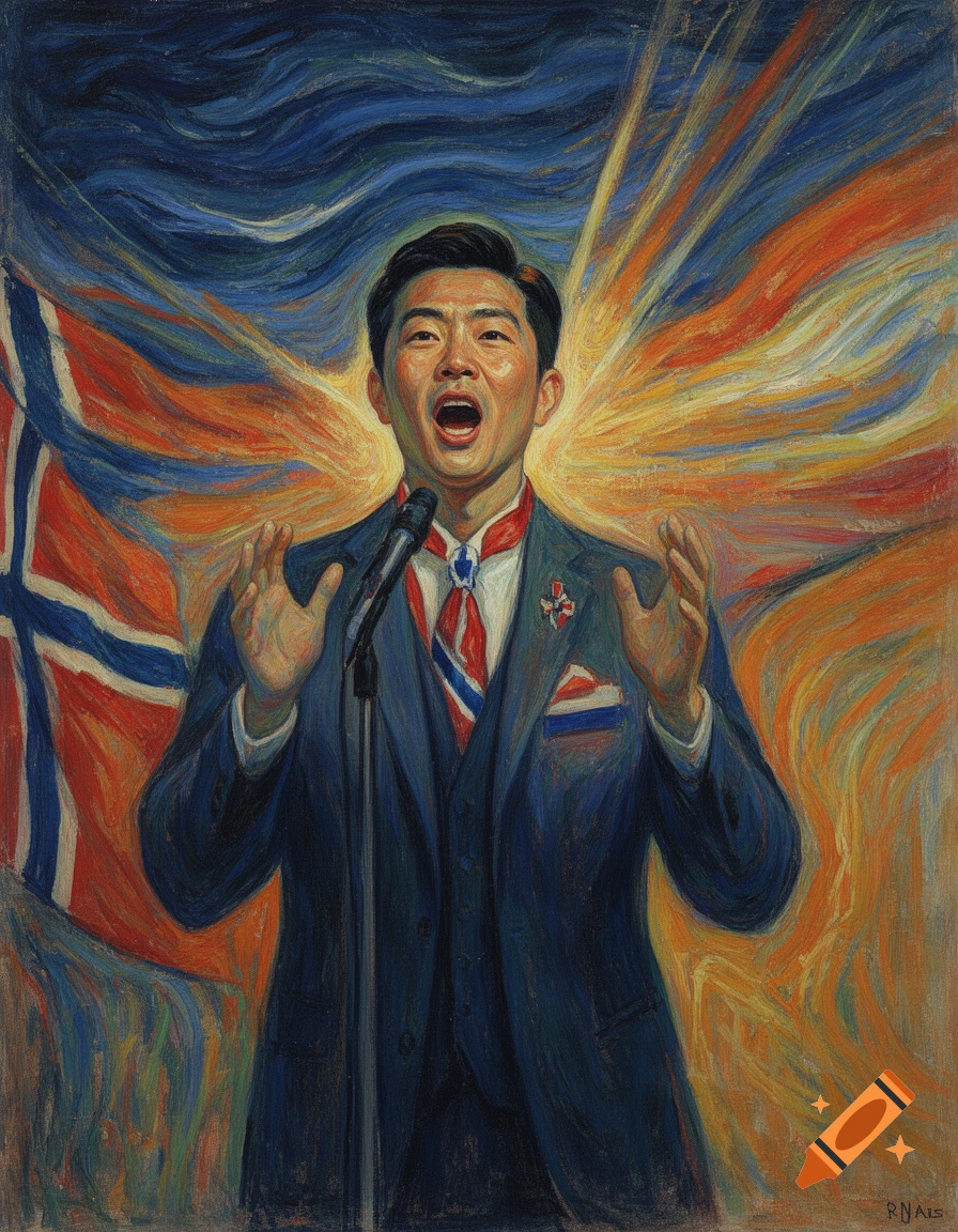 Expressionistic painting of a man with an open mouth speaking into a microphone, hands raised, in front of a Norwegian flag and radiant background.