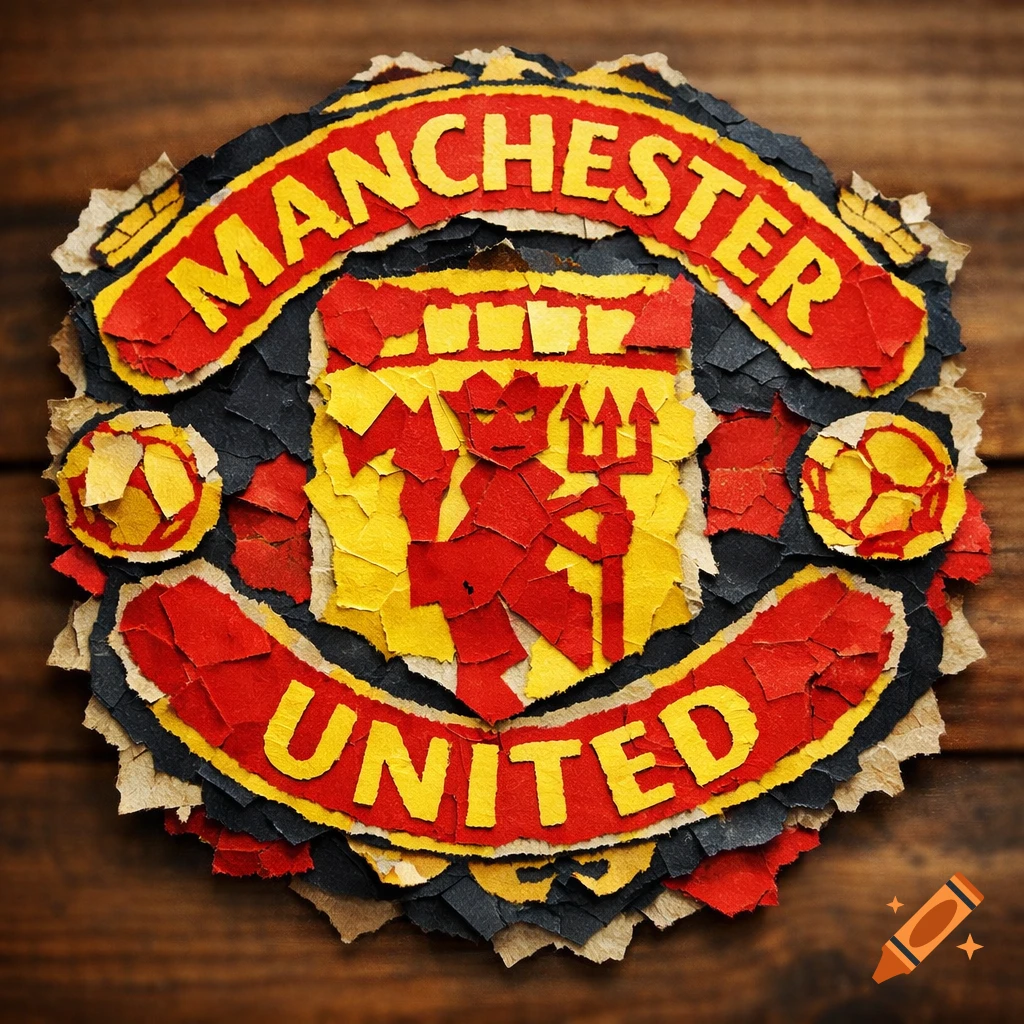 A textured paper art rendition of the Manchester United football club logo, appearing messy and torn on a wooden background.