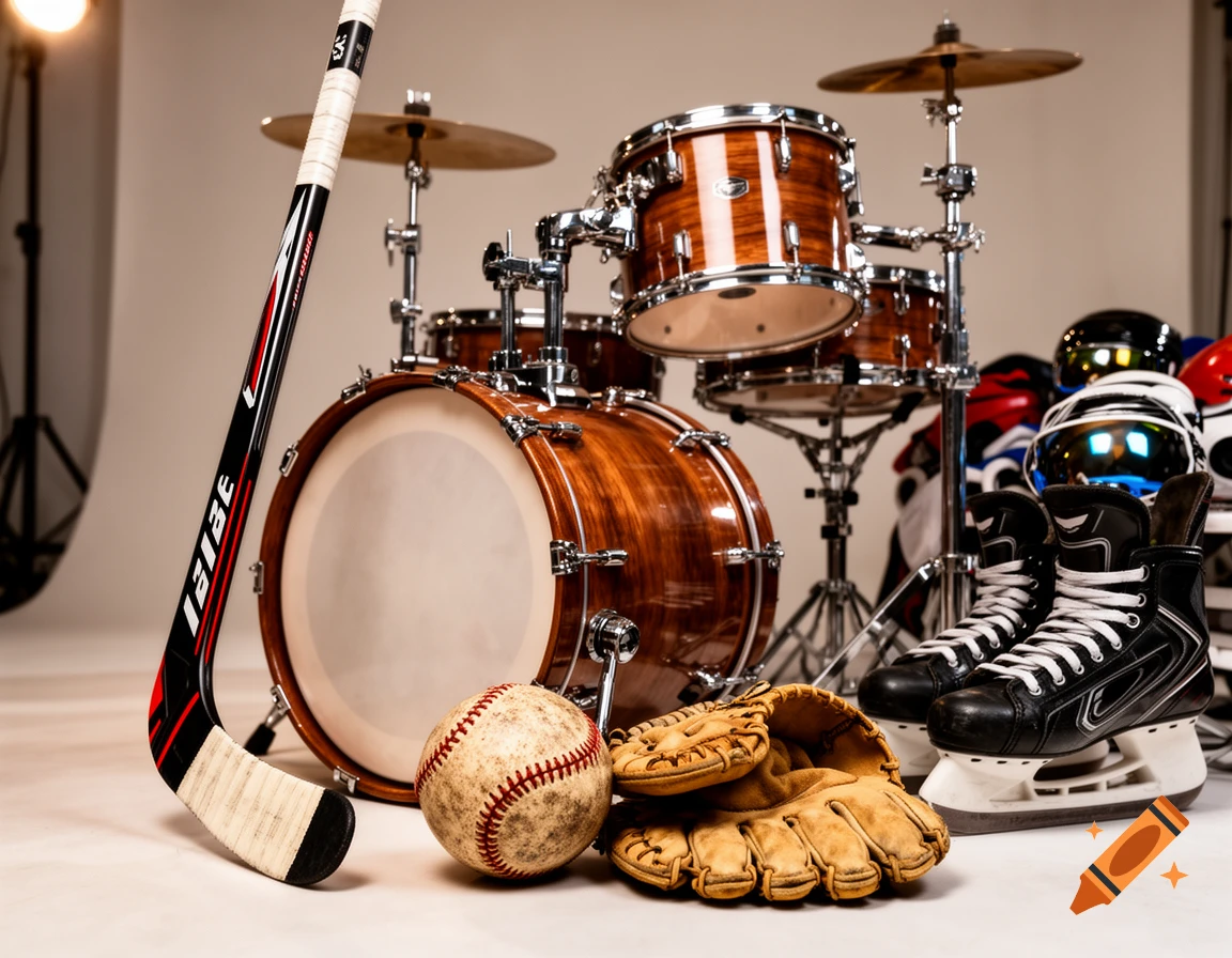 A photorealistic still life with a drum set, hockey stick, baseball, glove, ice skates, and helmets arranged together.