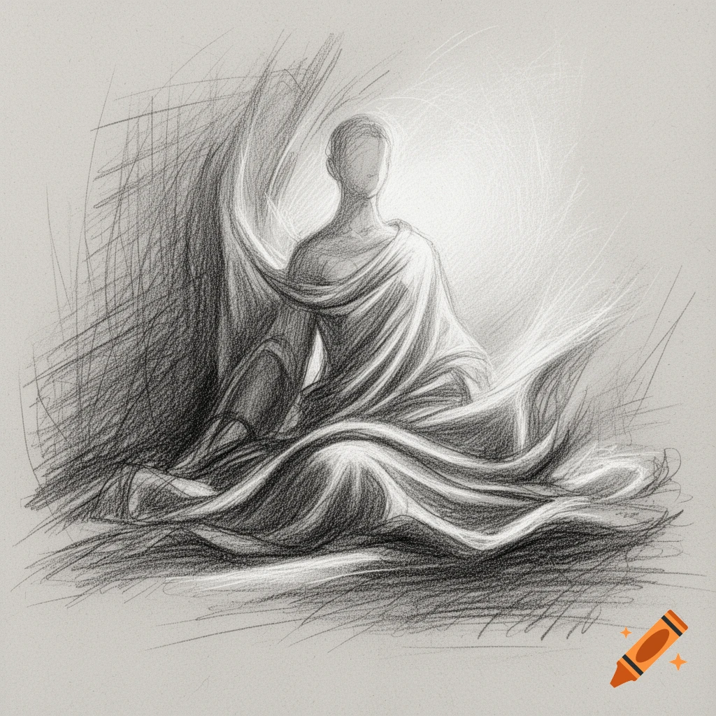 Graphite pencil sketch of a seated figure in draped robes with a radiant background.