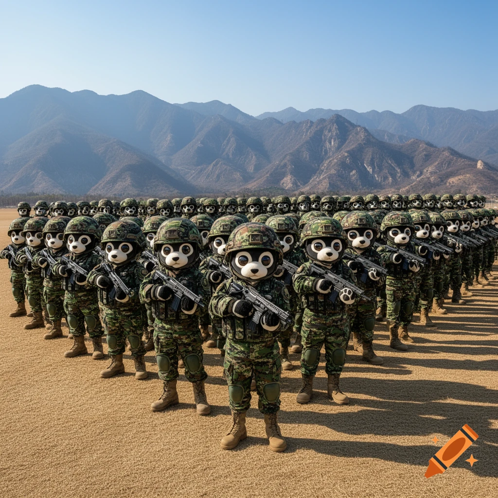 A vast army of cartoon-like Labubu characters in military fatigues and helmets, holding rifles, stand in formation on a sandy field with mountains in the background.