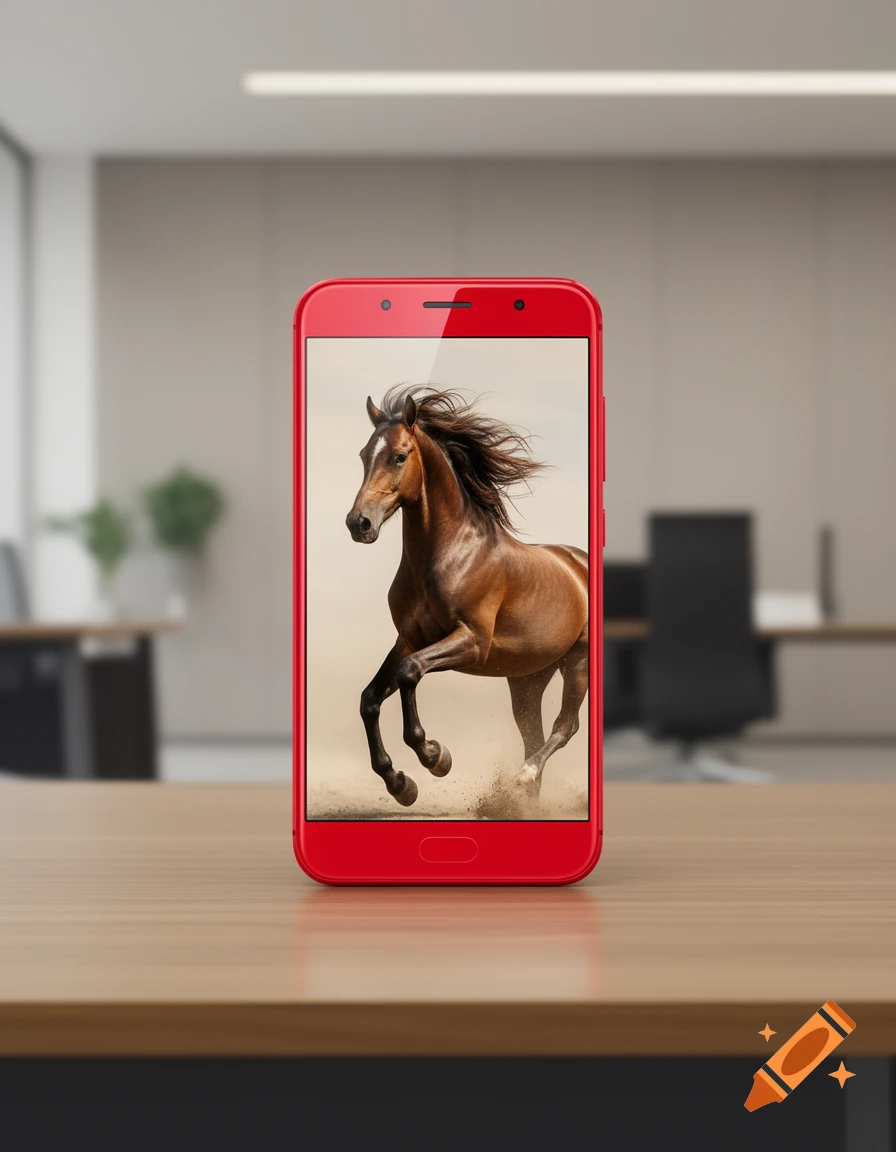 A red smartphone stands on a wooden desk, displaying a photorealistic image of a brown horse galloping.