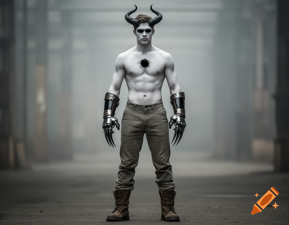 A pale man with horns, dark eyes, a chest hole, and clawed gauntlets stands in a foggy industrial setting.