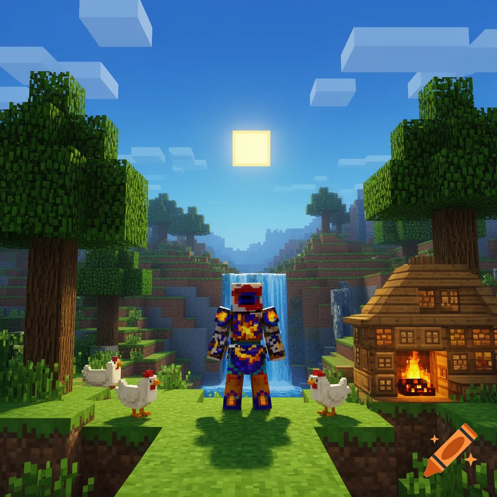 A vibrant Minecraft landscape featuring a character, two chickens, a waterfall, a wooden house with a fireplace, and lush green trees under a bright square sun.