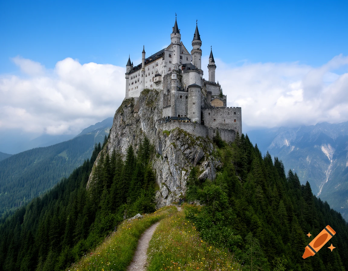 A majestic stone castle with multiple spires sits atop a rugged, tree-covered mountain peak, with a winding path in the foreground under a blue sky.