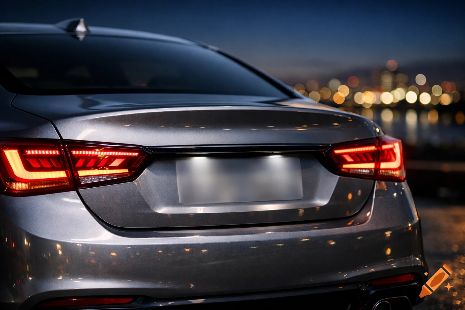 Rear view of a modern grey car with illuminated taillights parked at dusk, city lights blurred in the background.