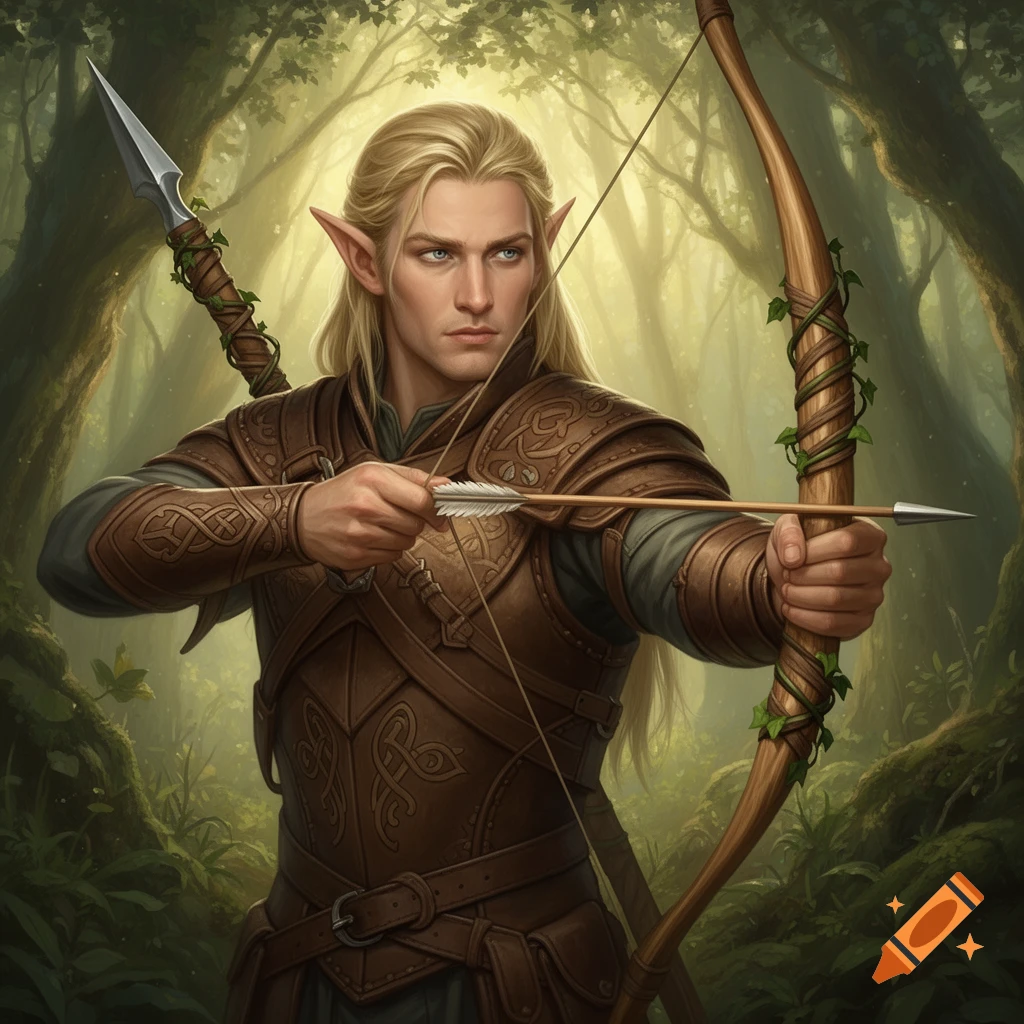 A blonde male wood elf in leather armor aiming a bow with an arrow, a spear on his back, stands in a mystical forest.