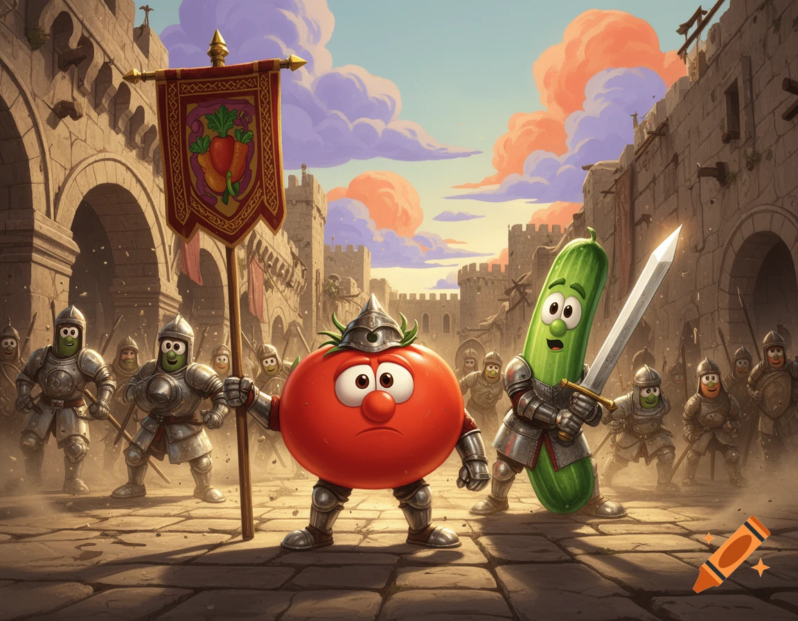 A cartoon tomato knight holding a banner and a cucumber knight with a sword stand heroically in a medieval city street, with an army of vegetable knights behind them.