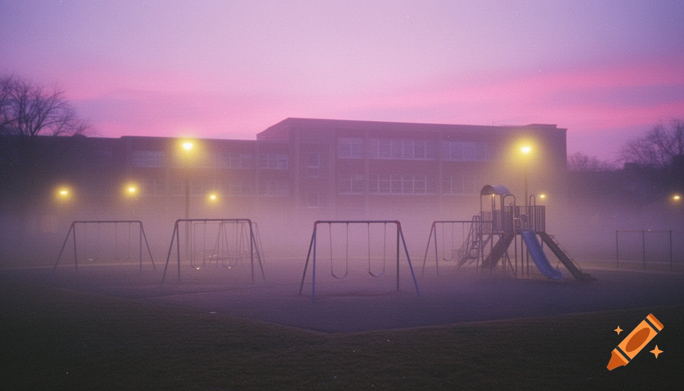 An empty playground with swings and a slide in dense fog, under a vibrant purple-pink sky, with glowing streetlights and a school building in the background, in a soft focus analog photography style.