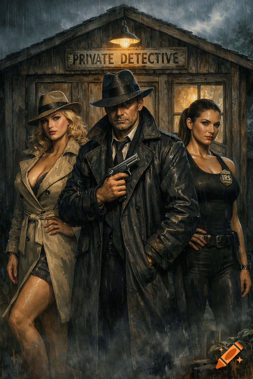 A detective in a trench coat and fedora, holding a gun, stands with two women in the rain outside a building labeled "PRIVATE DETECTIVE."