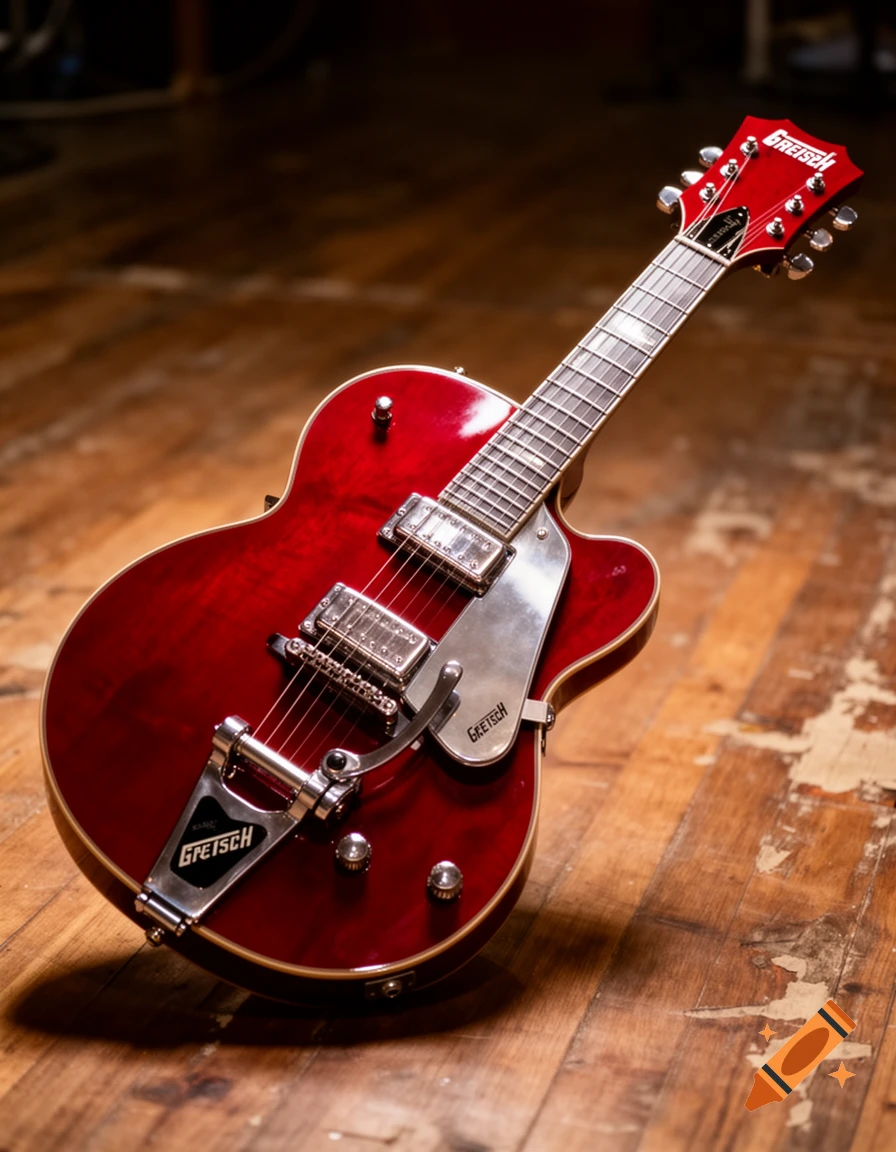 A close-up, high-angle shot of a shiny red Gretsch electric guitar with silver hardware, resting on a rustic wooden floor.