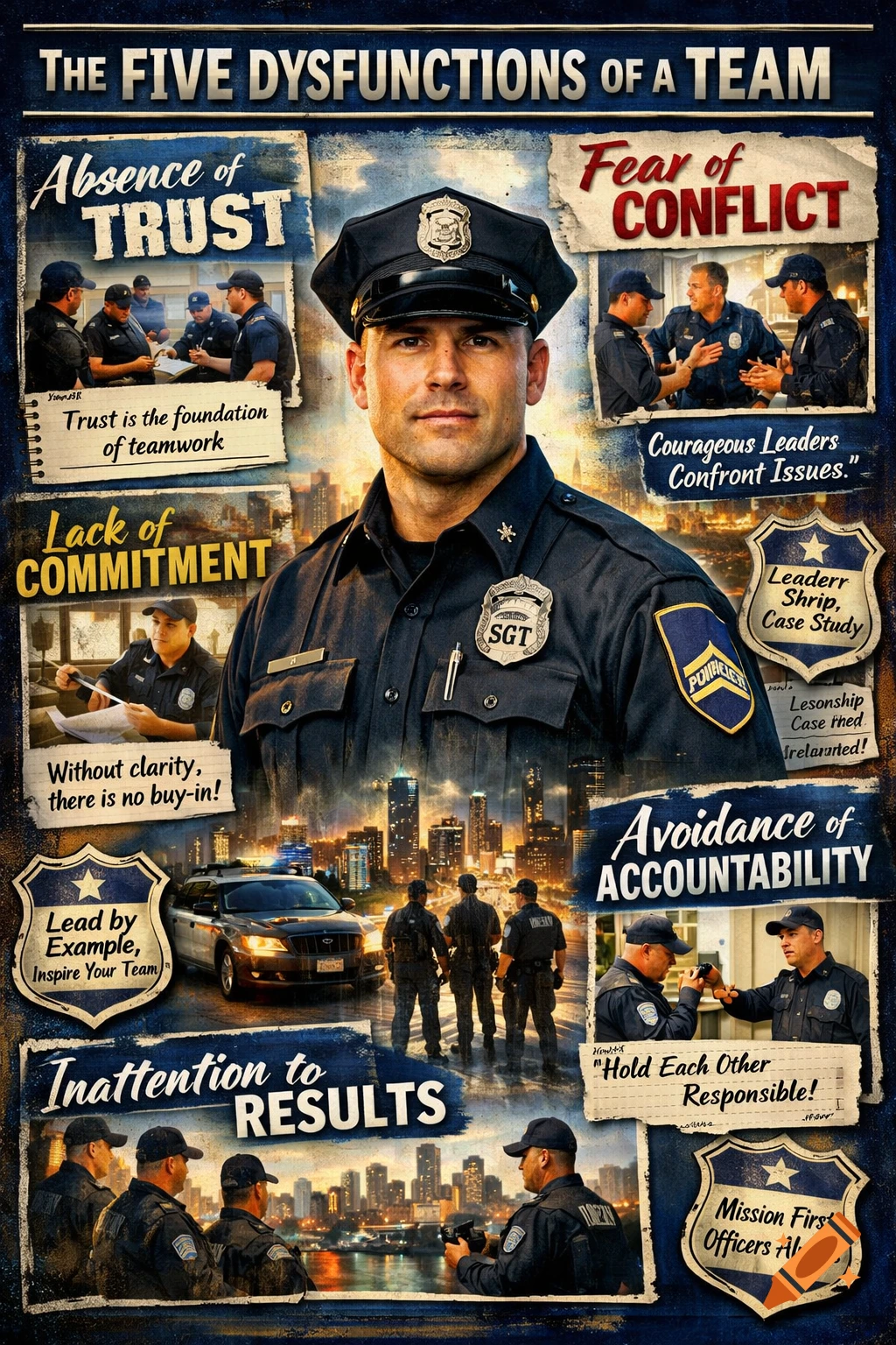 A patriotic-style collage poster featuring a stern police sergeant surrounded by smaller images of police officers, a squad car, cityscapes, and motivational text about the "five dysfunctions of a team" in law enforcement.