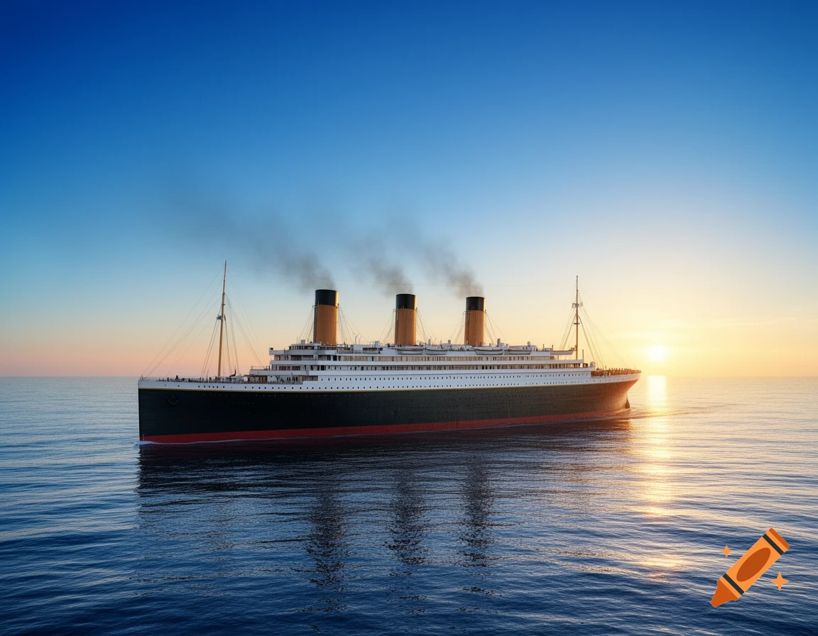 The historic Titanic ocean liner sails on a calm blue ocean with smoke from its funnels at sunrise.
