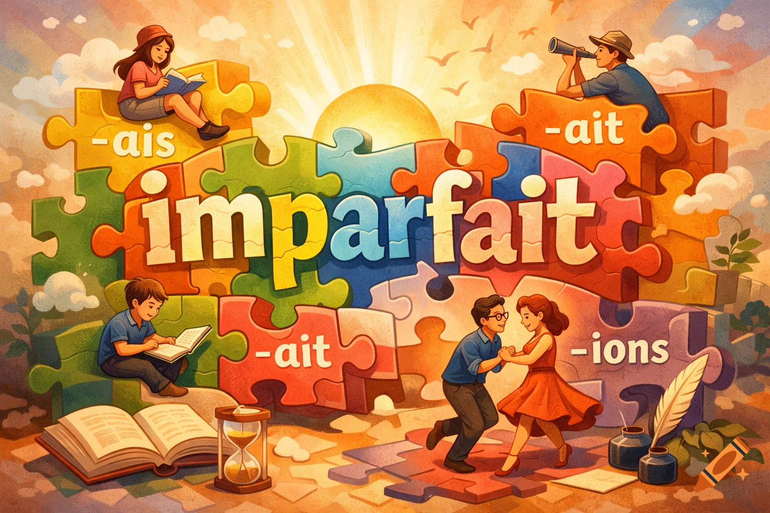 Vibrant illustration of colorful puzzle pieces forming 'imparfait' and French verb endings, with cartoon people reading, looking through a telescope, and dancing.