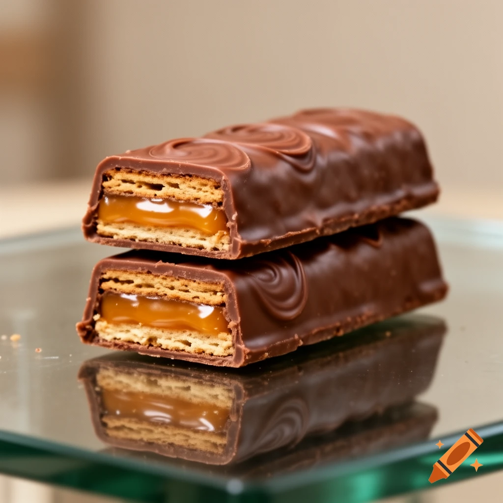 Two photorealistic chocolate bars with wafer and gooey caramel layers, stacked on a reflective glass surface.