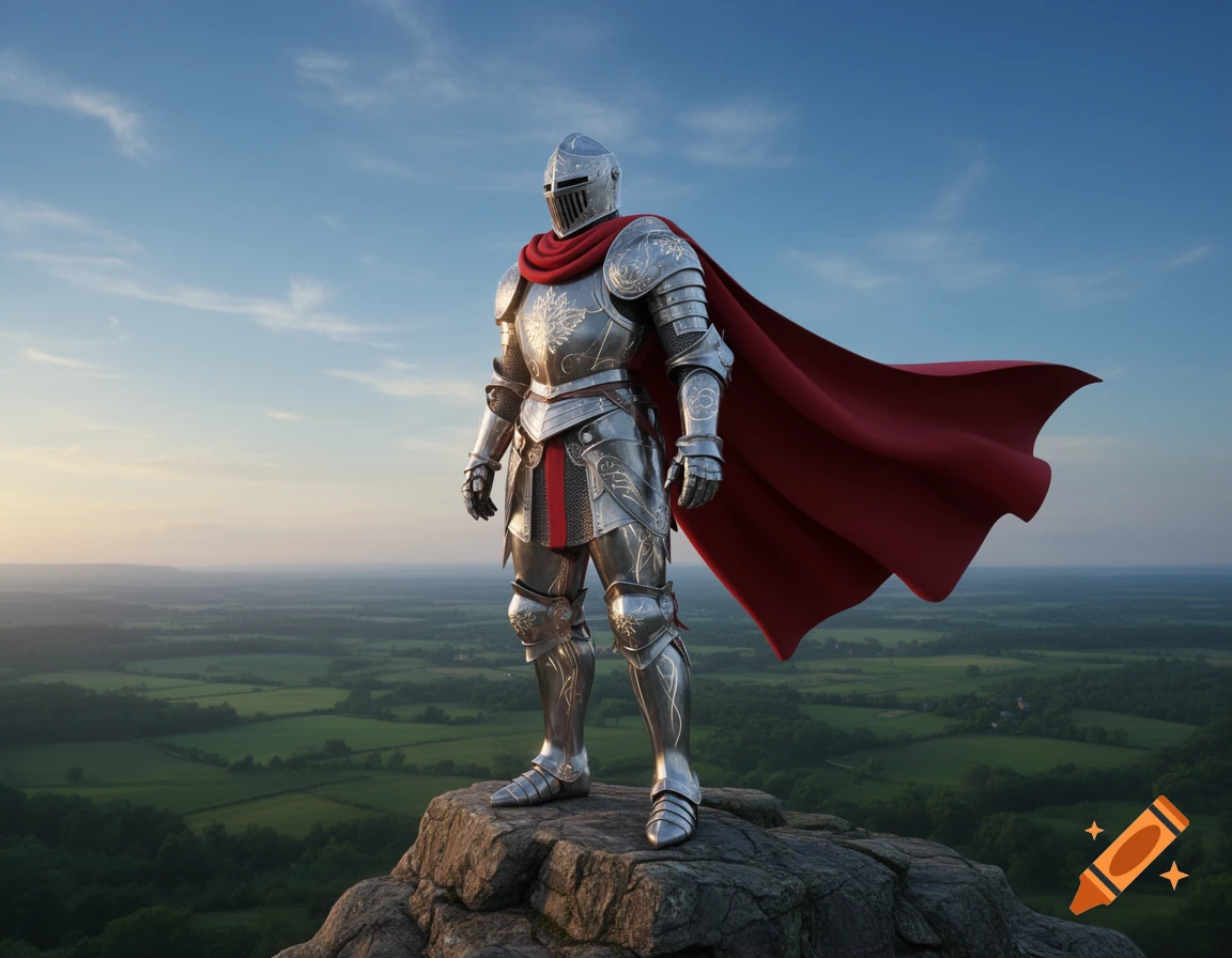 A knight in shining armor with a red cape stands on a rocky mountain overlooking a green valley under a blue sky.